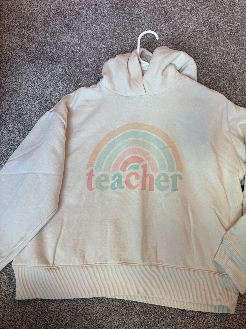 White Teacher Hoodie with Pastel Rainbow Graphic